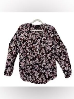 J. Jill Floral Pink Lavender Black Button Up Long Sleeve Blouse